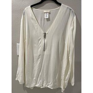 Michael  KORS Career WOMENS WHITE BLOUSE 1/4 ZIP V-NECK LONG SLEEVE SIZE LARGE